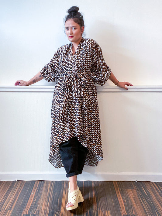 Print High Low Kimono Black Brown Snake Rayon Challis