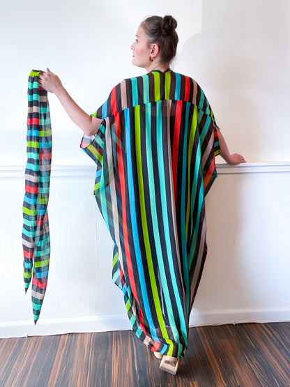 Print High Low Kimono Black Multicolor Stripes Chiffon