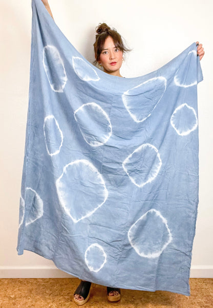 Hand-Dyed Gauze Blanket Scarf Blue Grey Circles