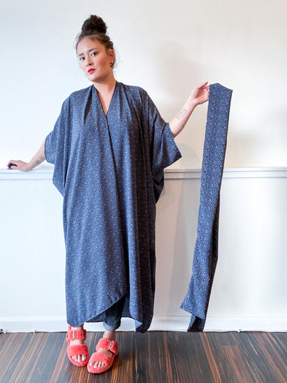 Print High Low Kimono Navy Mini Dots Crepe de Chine
