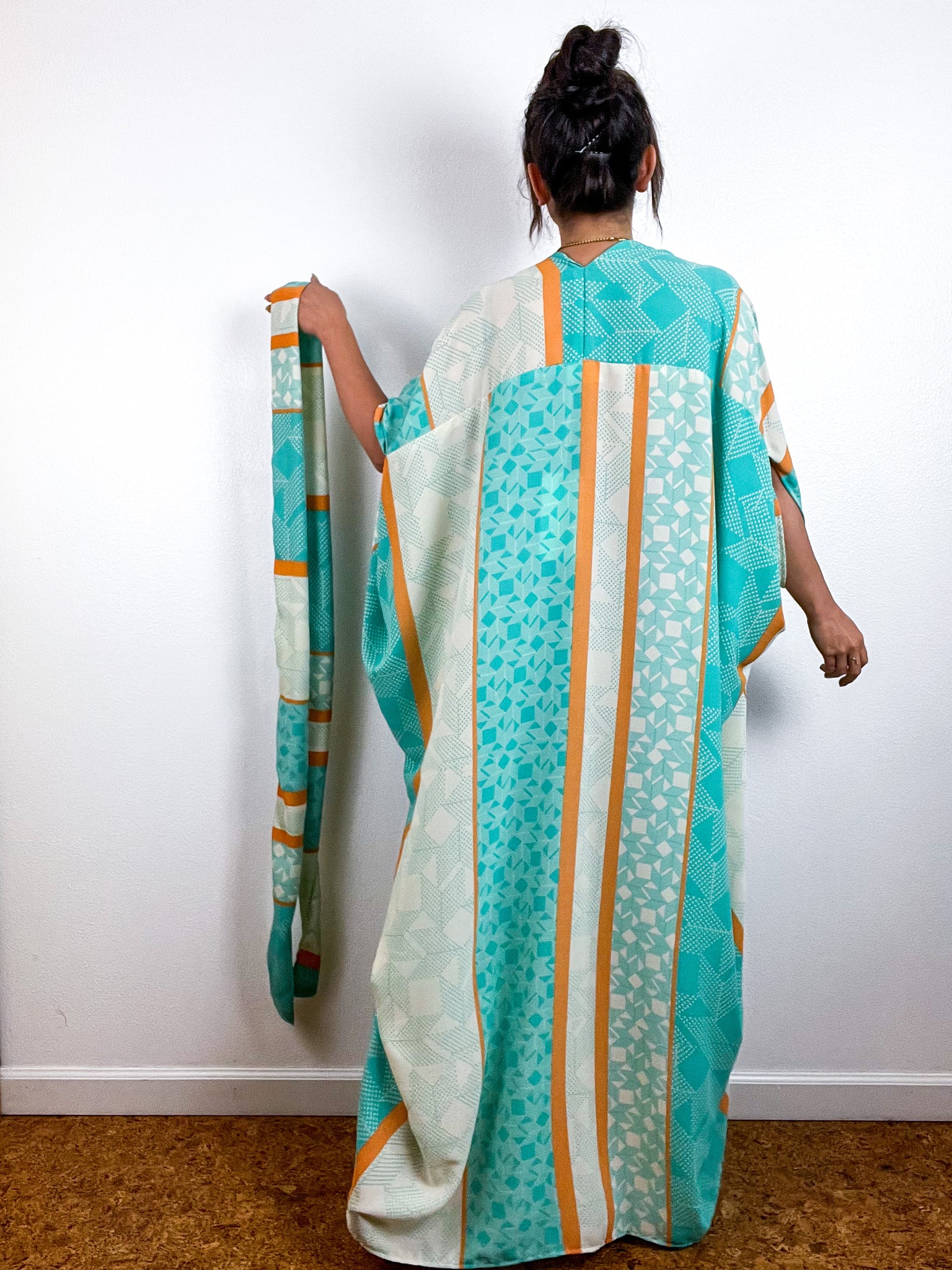 Print High Low Kimono Seafoam Orange Triangles Georgette