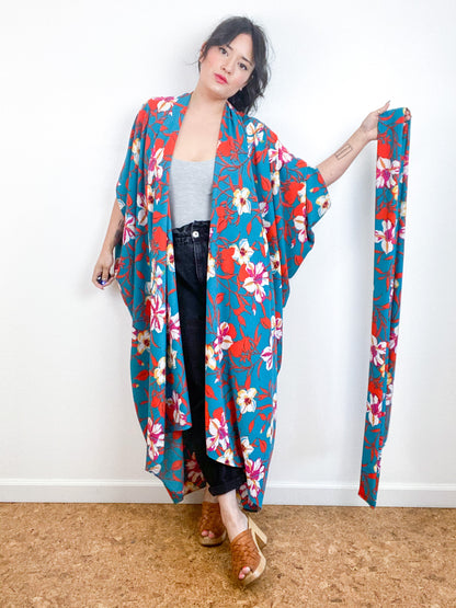 Print High Low Kimono Turquoise Orange Floral Bubble Crepe