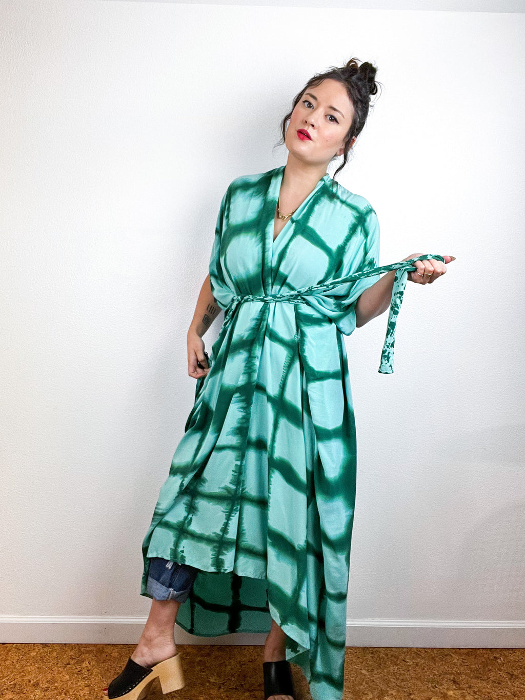 Hand-Dyed High Low Kimono Aqua Forest Windowpane