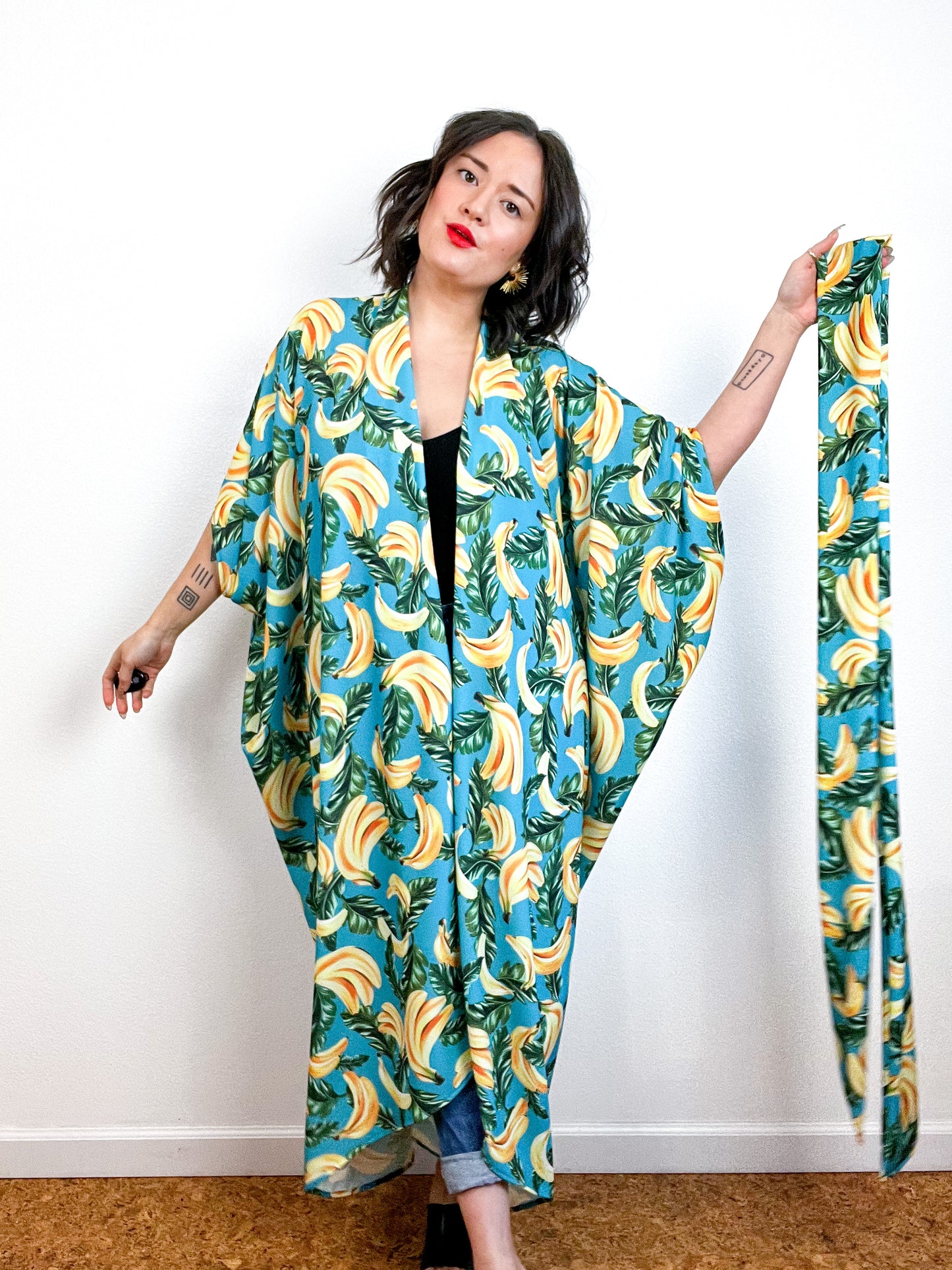Print High Low Kimono Bananas Bubble Crepe
