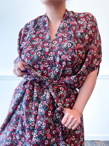 Print High Low Kimono Navy Fuchsia Green Floral Crepe de Chine