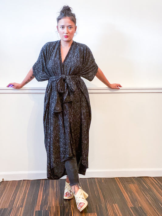 Solid High Low Kimono Charcoal Slub Sweater Knit