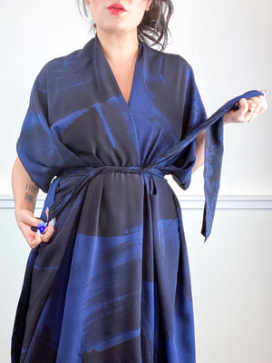 Hand-Dyed High Low Kimono Navy Black Brushstroke