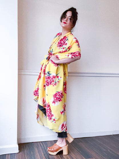 Print High Low Kimono Yellow Red Rose Floral Rayon Challis