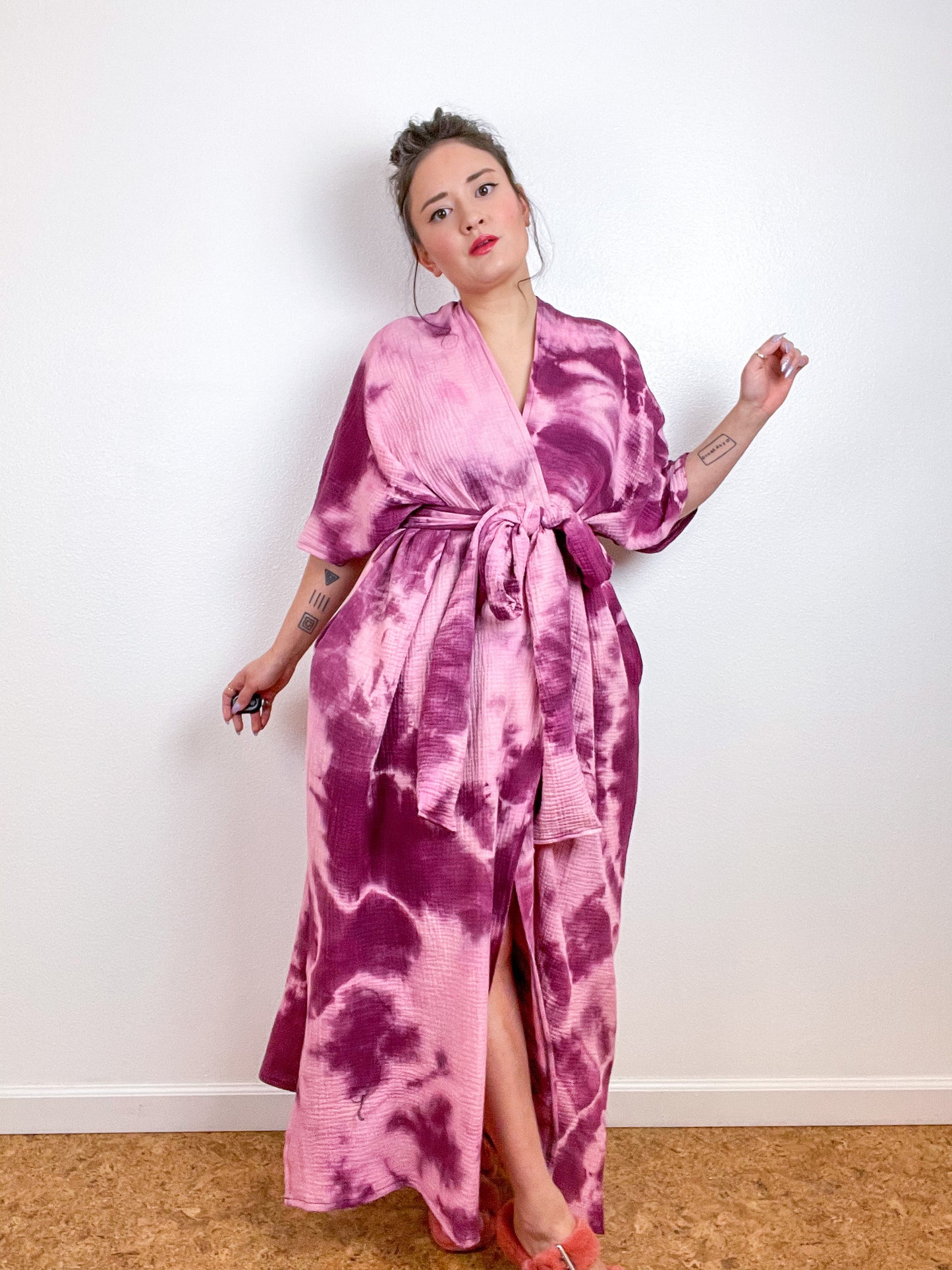 Double Gauze Duster Kimono Berry Tie