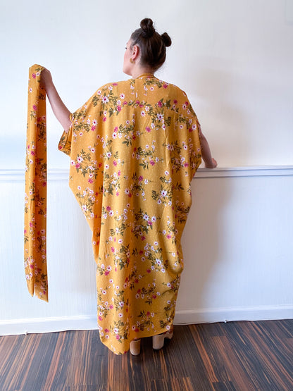 High Low Kimono Mustard Mini Floral Bubble Crepe