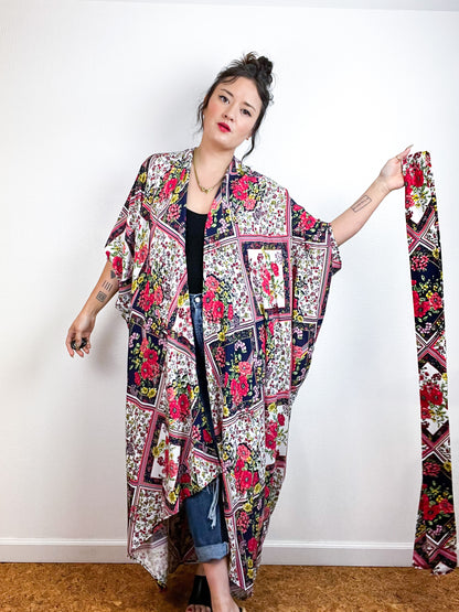 Print High Low Kimono Navy Patchwork Floral Challis
