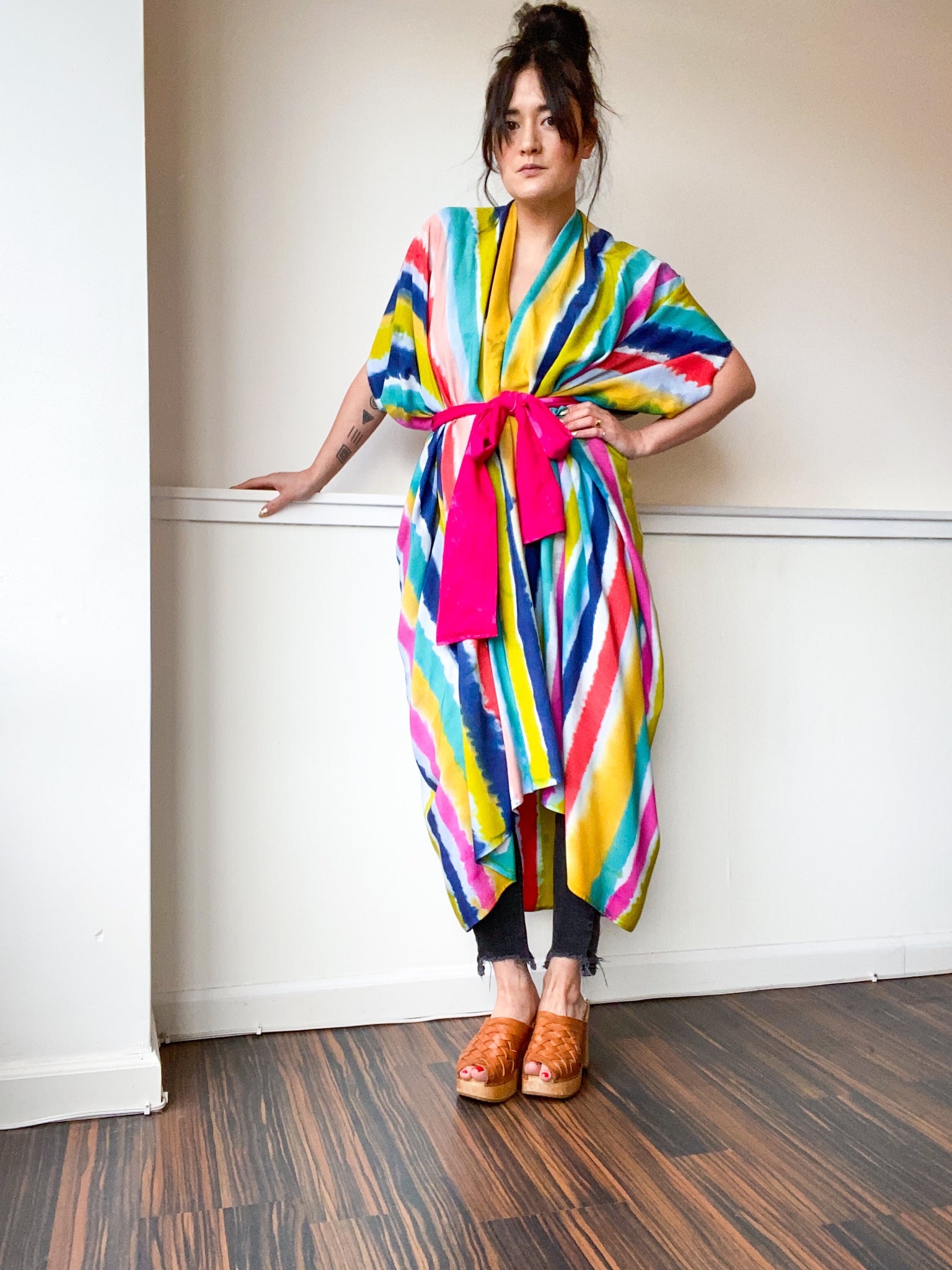 Limited Edition Hand-Dyed High Low Kimono Multicolor Stripes