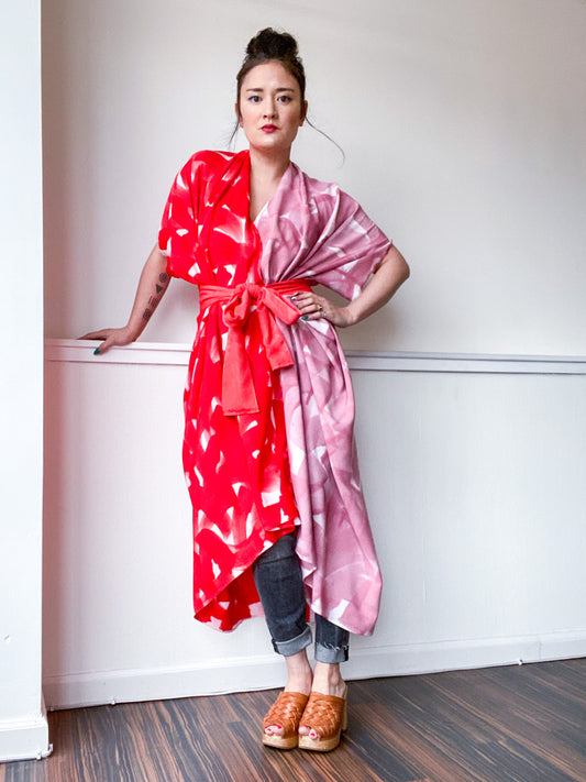 Limited Edition Hand-Dyed High Low Kimono Scarlet Pink