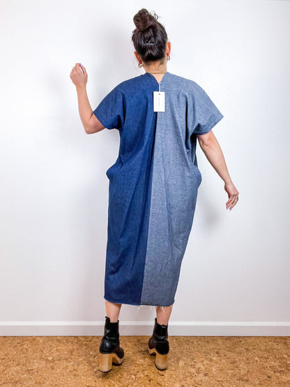 Denim Smock Dress Midi Two Tone