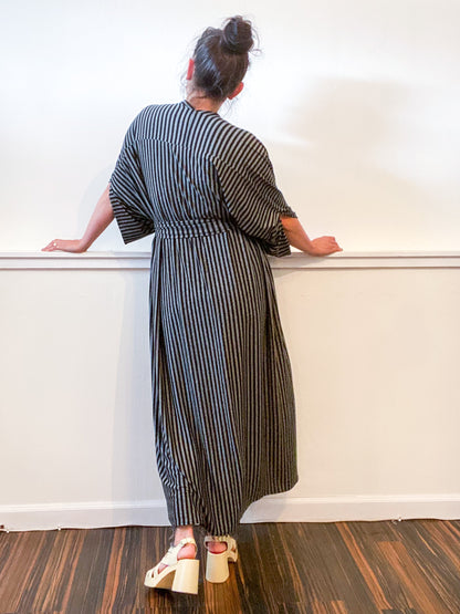 Print High Low Kimono Black Grey Pinstripe Knit