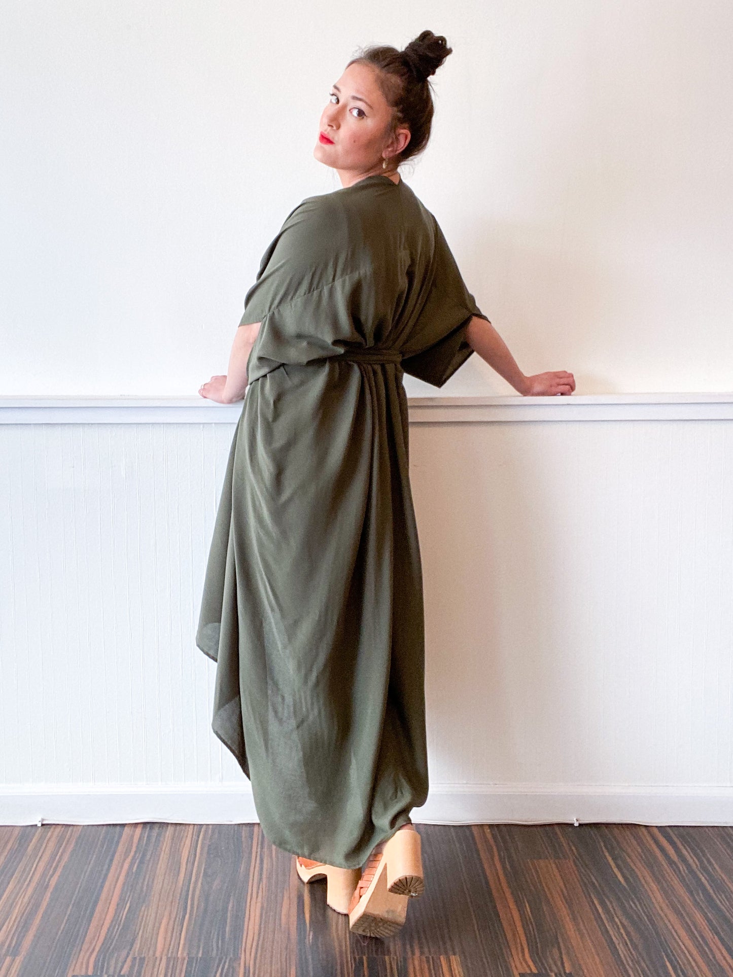 Print High Low Kimono Solid Olive Rayon Challis