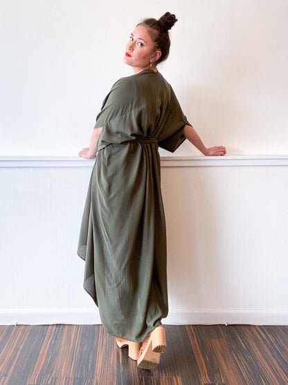 Print High Low Kimono Solid Olive Rayon Challis