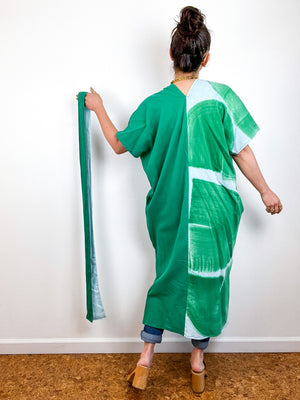 Single Gauze Midi Caftan Dress Green Aqua Brushstrokes