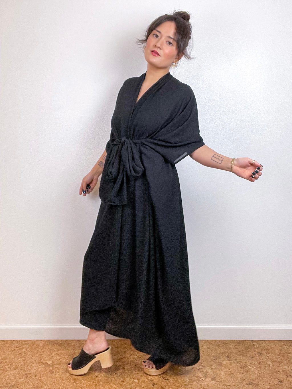 Solid High Low Kimono Black Bubble Chiffon