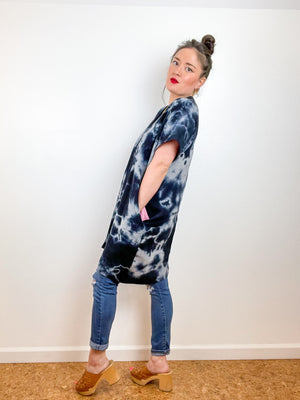 Double Gauze Smock Dress Black Grey Tie Dye