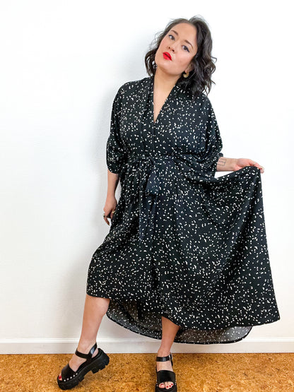 Print High Low Kimono Black Ivory Speckle Challis