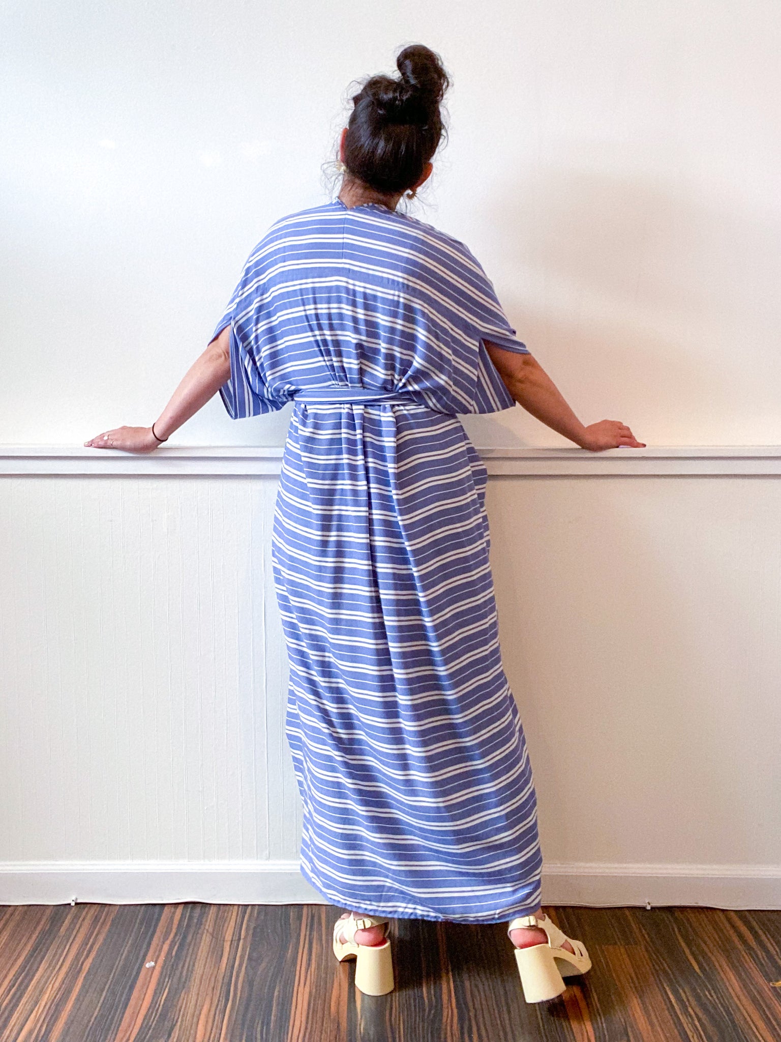 Print High Low Kimono Blue White Stripes Rayon Challis