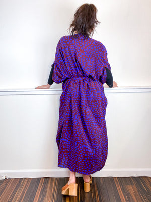 Print High Low Kimono Maroon Blue Dots Silk