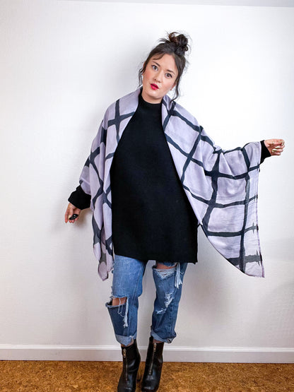 Hand-Dyed Cotton Voile Scarf Wisteria Black Windowpane