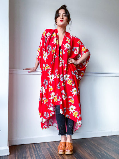 Print High Low Kimono Red Yellow Floral