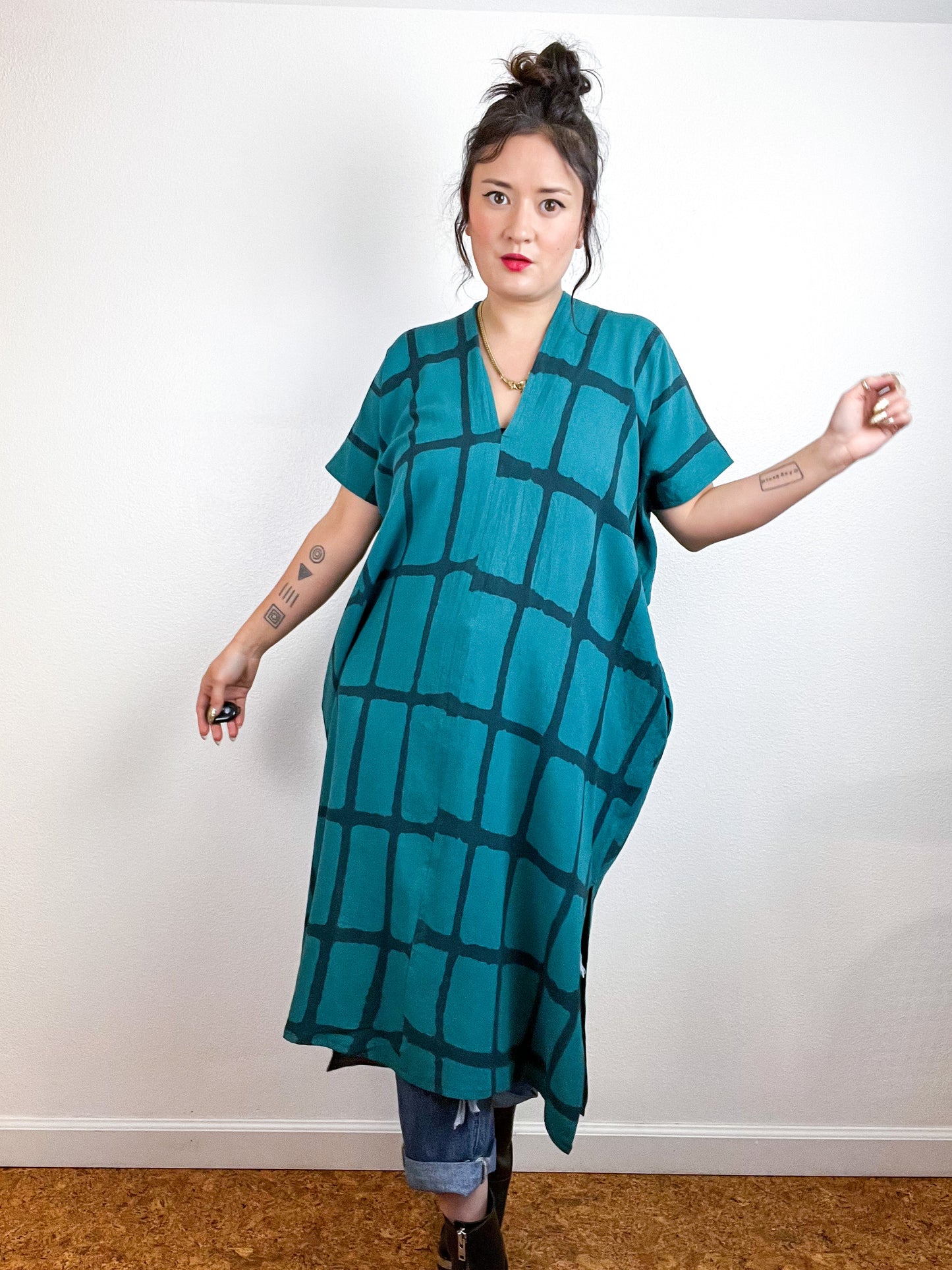 Hand-Dyed Midi Smock Dress Teal Black Windowpane