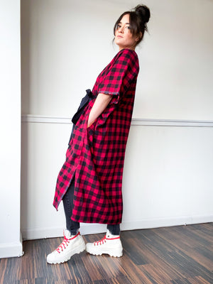 Everyday Midi Kimono Dress Plaid Red Check