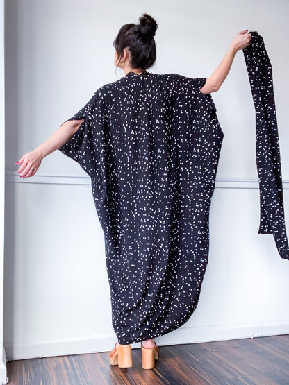 Print High Low Kimono Black Mini Polka Dot