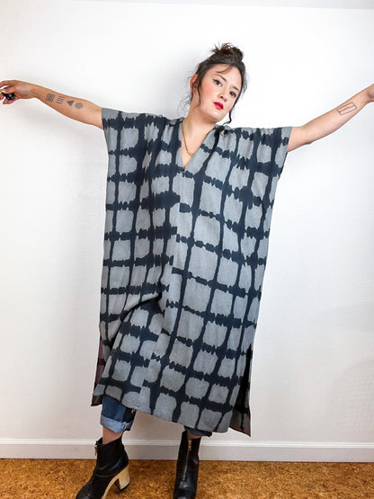 Hand-Dyed Midi Smock Dress Grey Black Windowpane