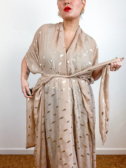 Print High Low Kimono Nude Gold Leaf Chiffon