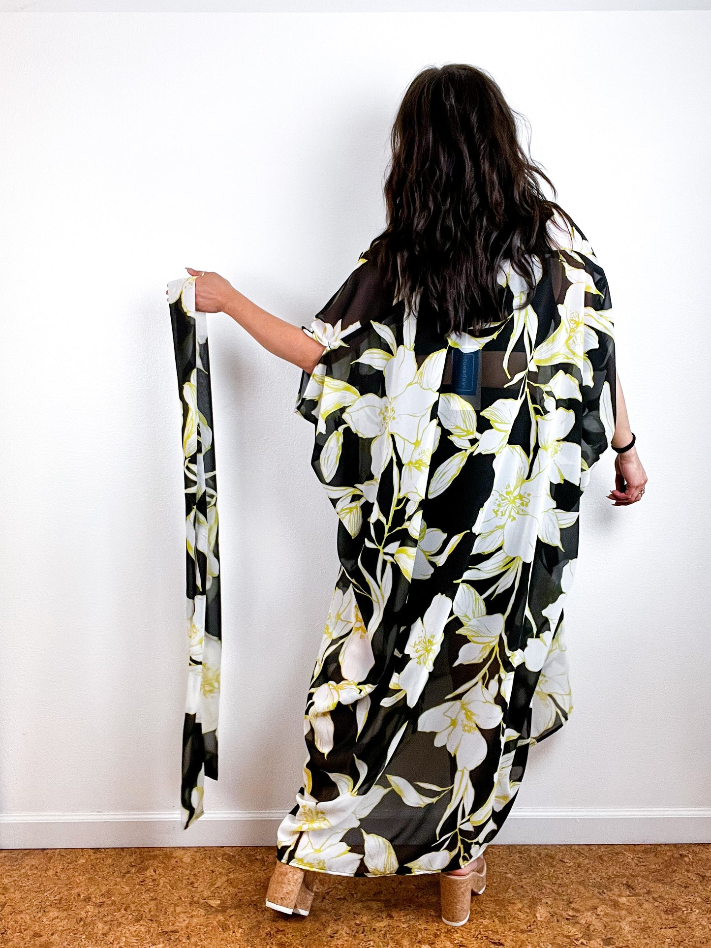 Print High Low Kimono Black Chartreuse Outline Floral Chiffon