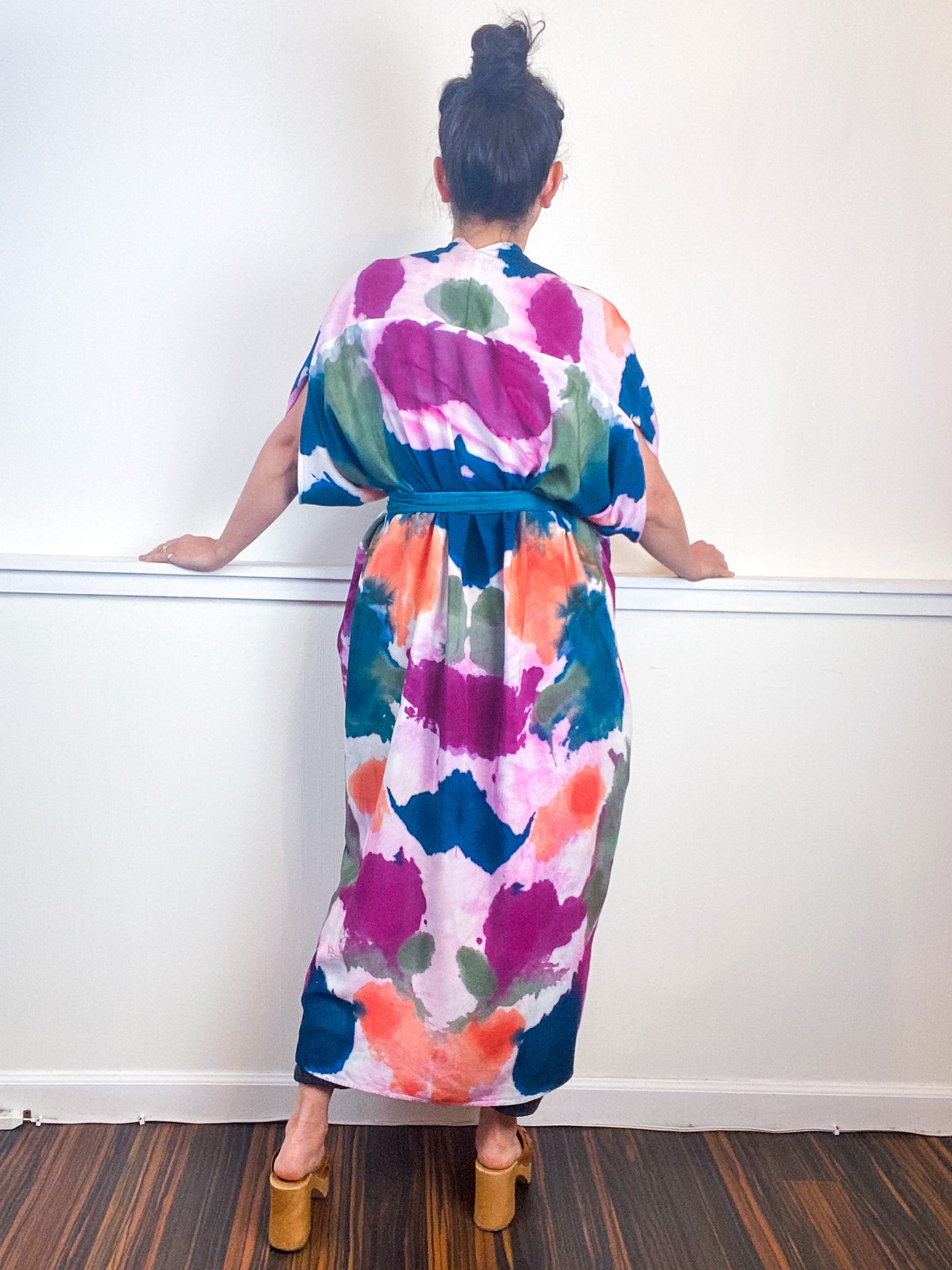 OOAK Hand-Dyed High Low Kimono Amethyst Coral Teal Sage Inkblot