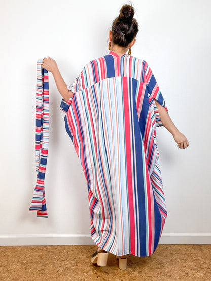 Print High Low Kimono Pastel Stripes Rayon Crepe