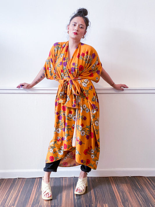 Print High Low Kimono Marigold Floral Knit