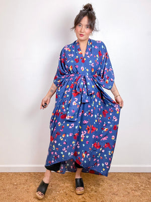 Print High Low Kimono Blue Petals Crepe
