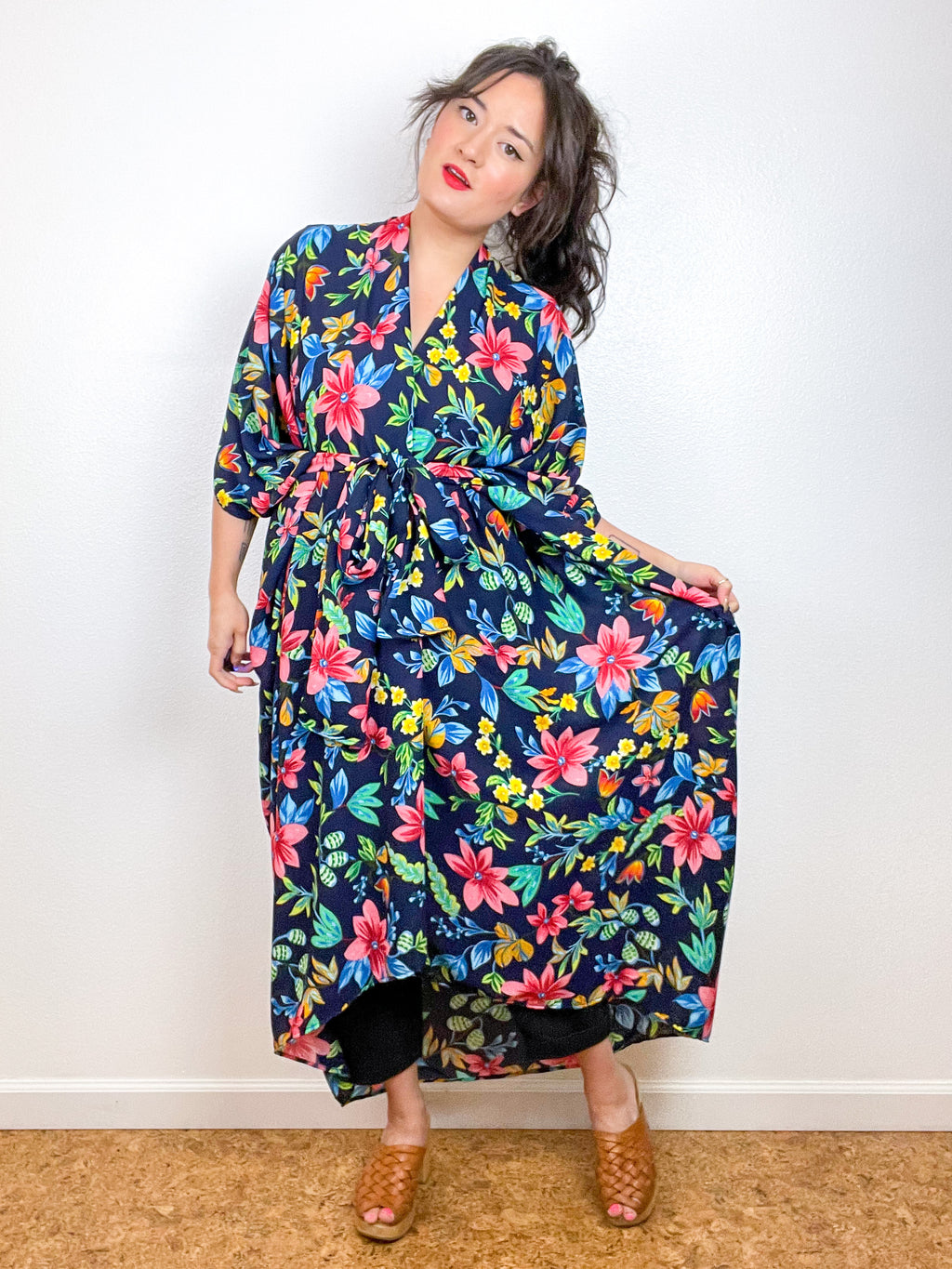 Print High Low Kimono Navy Multicolor Floral Georgette