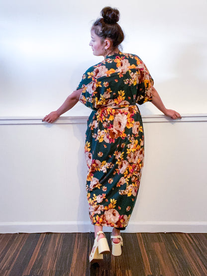 Print High Low Kimono Forest Green Rose Floral Knit