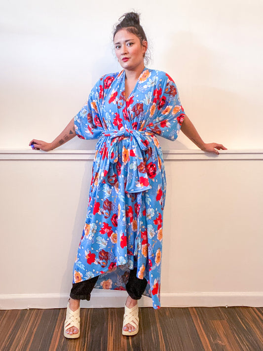 Print High Low Kimono Turquoise Floral Knit