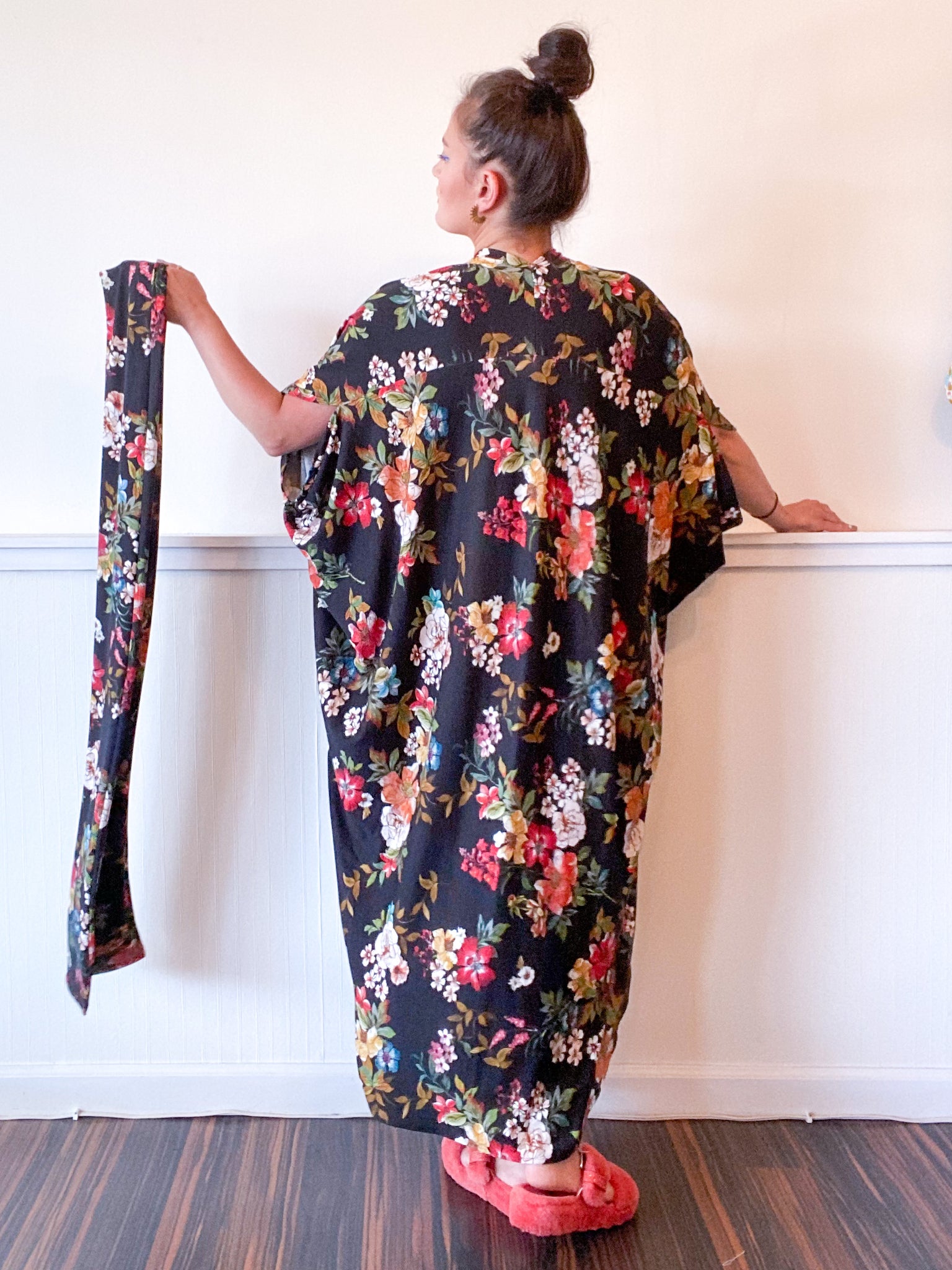 Print High Low Kimono Black Floral Knit
