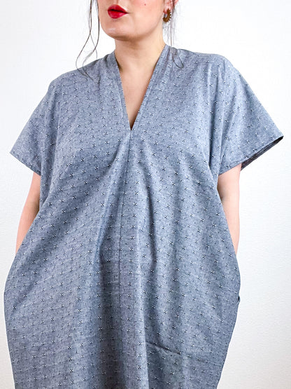 Chambray Smock Dress Grey Embroidered