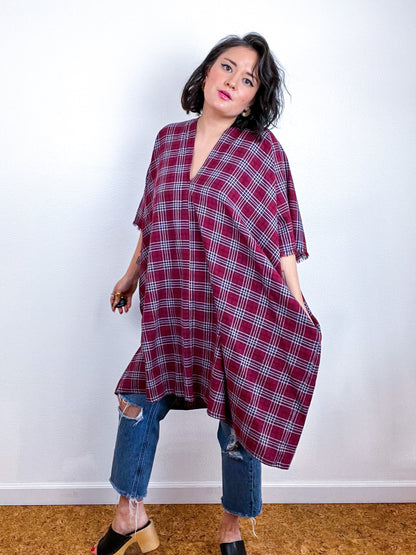 Plaid Oversized Smock Dress Maroon