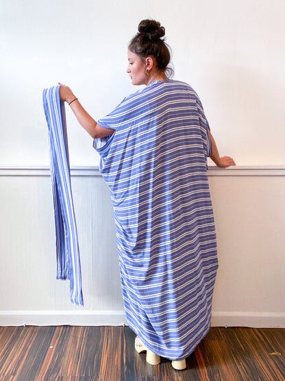 Print High Low Kimono Blue White Stripes Rayon Challis