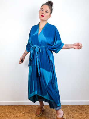 Hand-Dyed High Low Kimono Turquoise Indigo Brushstroke