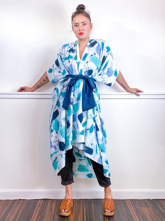 OOAK Hand-Dyed High Low Kimono Teal Parakeet Baby Blue Aqua Gesture