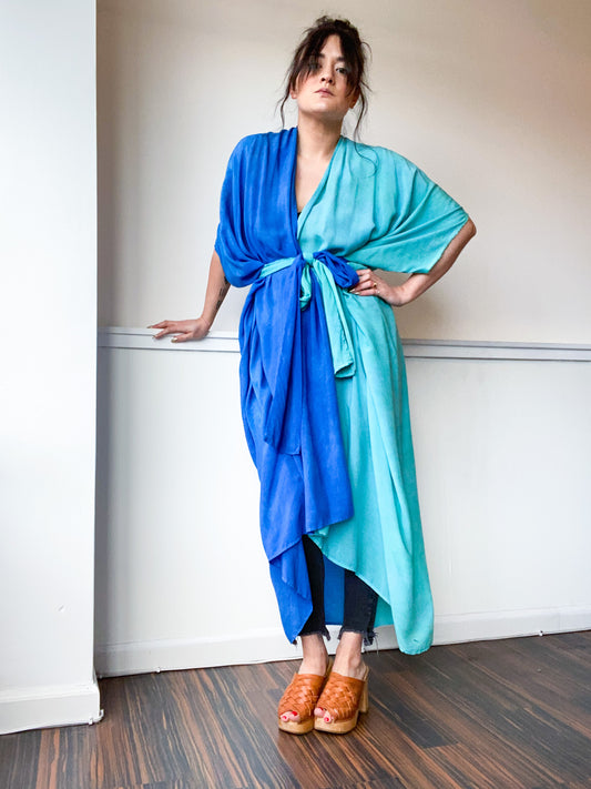 Hand-Dyed High Low Long Kimono 2-Tone Aqua Blue