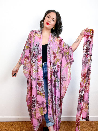 Print High Low Kimono Pink Tropical Floral Chiffon
